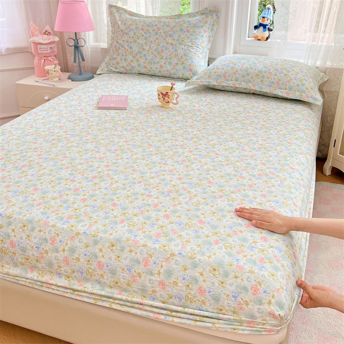 91家纺网 家纺一手货源 找家纺 圣比熊 2025新款云感双层纱印花床笠宿舍纯色床垫保护套三件套 春日初见