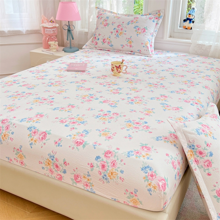 91家纺网 家纺一手货源 找家纺 圣比熊 2025新款云感双层纱印花床笠宿舍纯色床垫保护套三件套 朝花夕拾