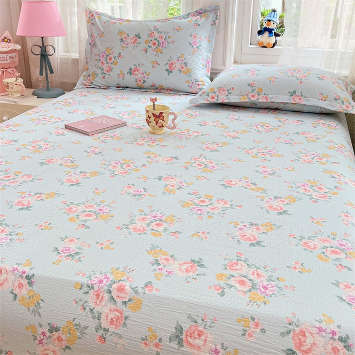 91家纺网 家纺一手货源 找家纺 圣比熊 2025新款云感双层纱印花床笠宿舍纯色床垫保护套三件套 繁花入梦