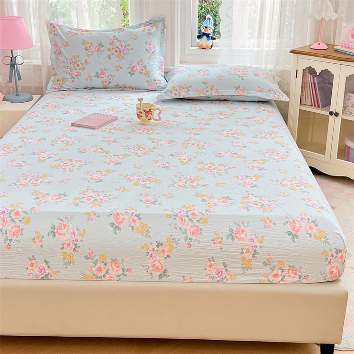 91家纺网 家纺一手货源 找家纺 圣比熊 2025新款云感双层纱印花床笠宿舍纯色床垫保护套三件套 繁花入梦