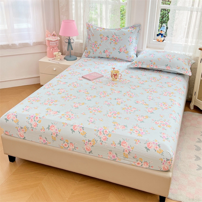 91家纺网 家纺一手货源 找家纺 圣比熊 2025新款云感双层纱印花床笠宿舍纯色床垫保护套三件套 繁花入梦