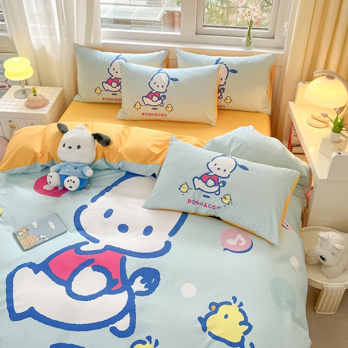 91家纺网 家纺一手货源 找家纺 小叮当家纺仓储工厂店 2025新款大版全棉纯棉数码印花三丽鸥系列四件套 快乐帕哈狗