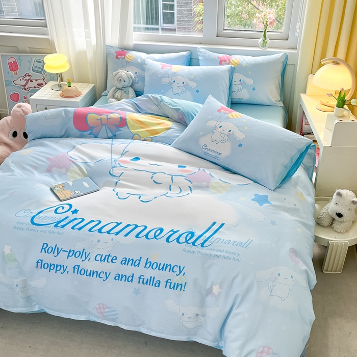 91家纺网 家纺一手货源 找家纺 小叮当家纺仓储工厂店 2025新款大版全棉纯棉数码印花三丽鸥系列四件套 气球玉桂狗