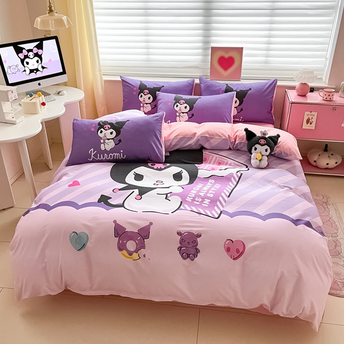 91家纺网 家纺一手货源 找家纺 小叮当家纺仓储工厂店 2025新款大版全棉纯棉数码印花三丽鸥系列四件套 甜甜圈库洛米