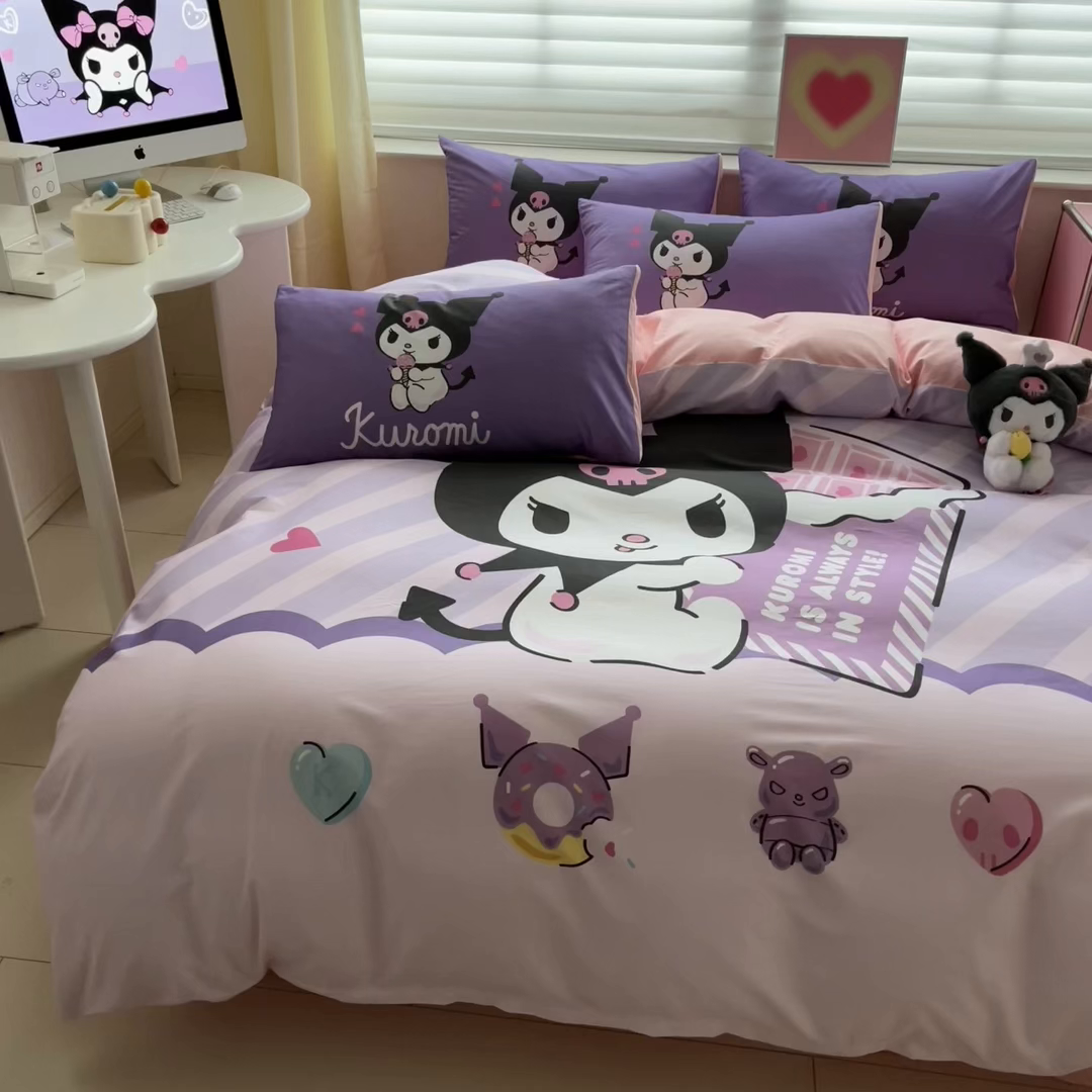 91家纺网 家纺一手货源 找家纺 小叮当家纺仓储工厂店 2025新款大版全棉纯棉数码印花三丽鸥系列四件套 甜甜圈库洛米