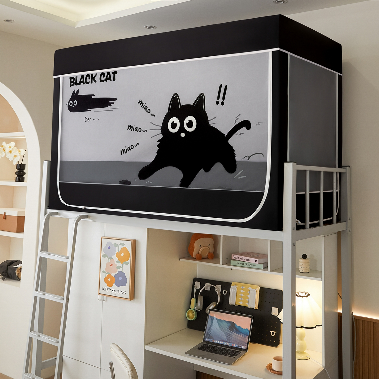 91家纺网 家纺一手货源 找家纺 冉美家纺 2025U型坐床烤学生漆支架蚊帐 俏皮猫咪