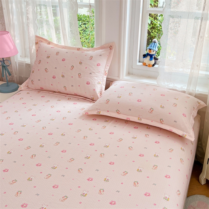 91家纺网 家纺一手货源 找家纺 梦舒羽 2025新款云感双层纱印花枕套宿舍单人枕芯套一对装枕头套 花田小兔