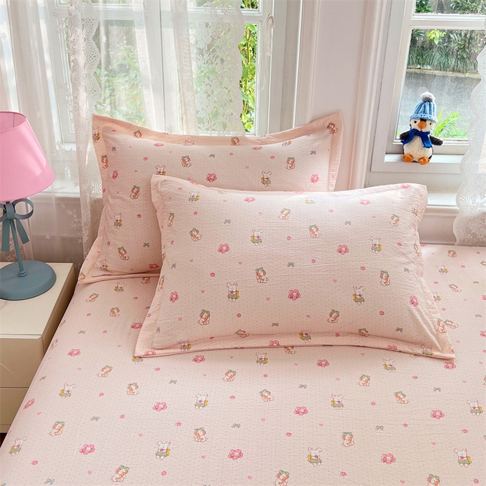 91家纺网 家纺一手货源 找家纺 梦舒羽 2025新款云感双层纱印花枕套宿舍单人枕芯套一对装枕头套 花田小兔