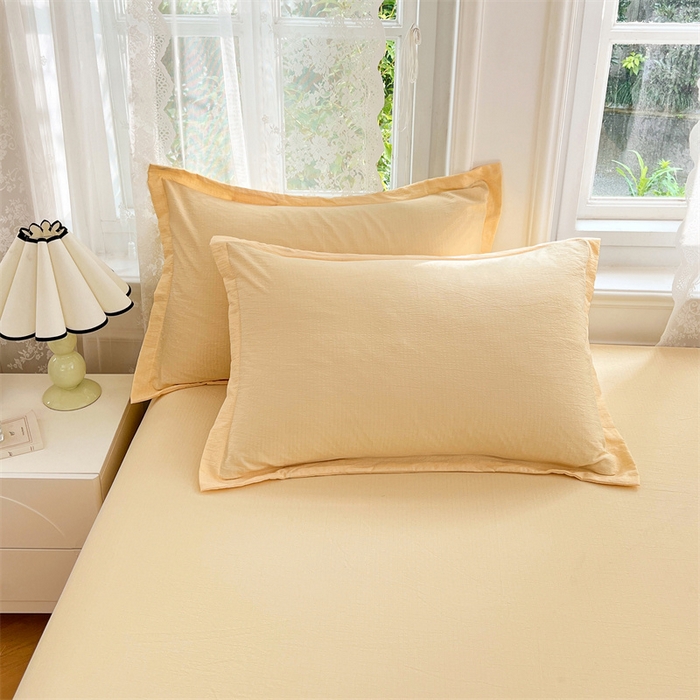 91家纺网 家纺一手货源 找家纺 梦舒羽 2025新款云感双层纱印花枕套宿舍单人枕芯套一对装枕头套 奶酪黄