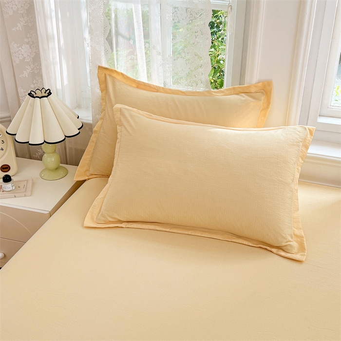 91家纺网 家纺一手货源 找家纺 梦舒羽 2025新款云感双层纱印花枕套宿舍单人枕芯套一对装枕头套 奶酪黄