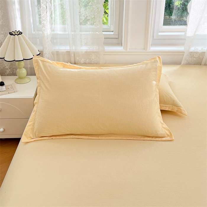 91家纺网 家纺一手货源 找家纺 梦舒羽 2025新款云感双层纱印花枕套宿舍单人枕芯套一对装枕头套 奶酪黄