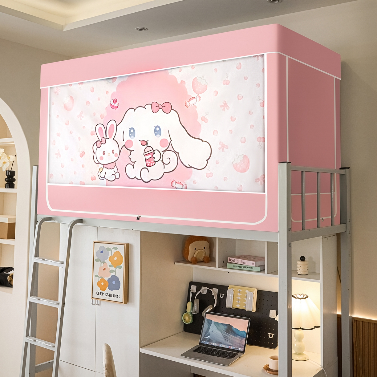 91家纺网 家纺一手货源 找家纺 冉美家纺 2025U型坐床烤学生漆支架蚊帐  粉红小玉桂