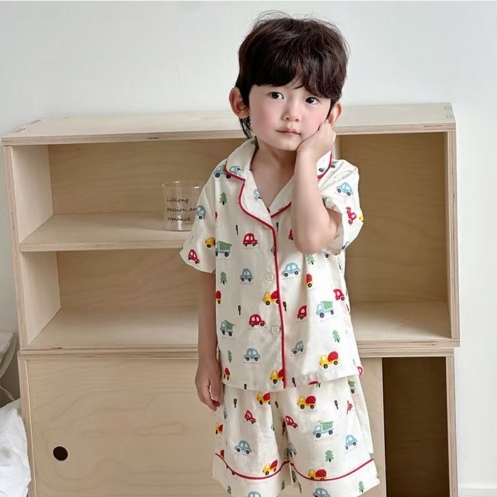 91家纺网 家纺一手货源 找家纺 （总）妍景家居生活馆 2025新款儿童翻领斜纹棉夏季短袖套装