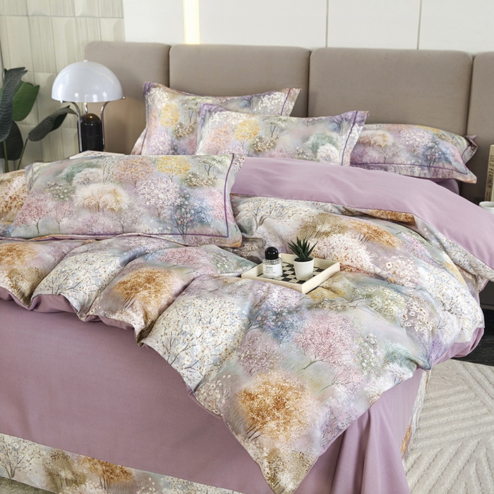 91家纺网 家纺一手货源 找家纺 金纱玉纺 2025数码印花加厚四件套 琼林玉树-紫