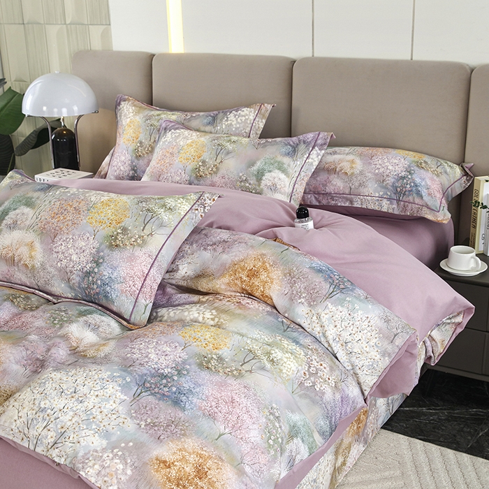 91家纺网 家纺一手货源 找家纺 金纱玉纺 2025数码印花加厚四件套 琼林玉树-紫