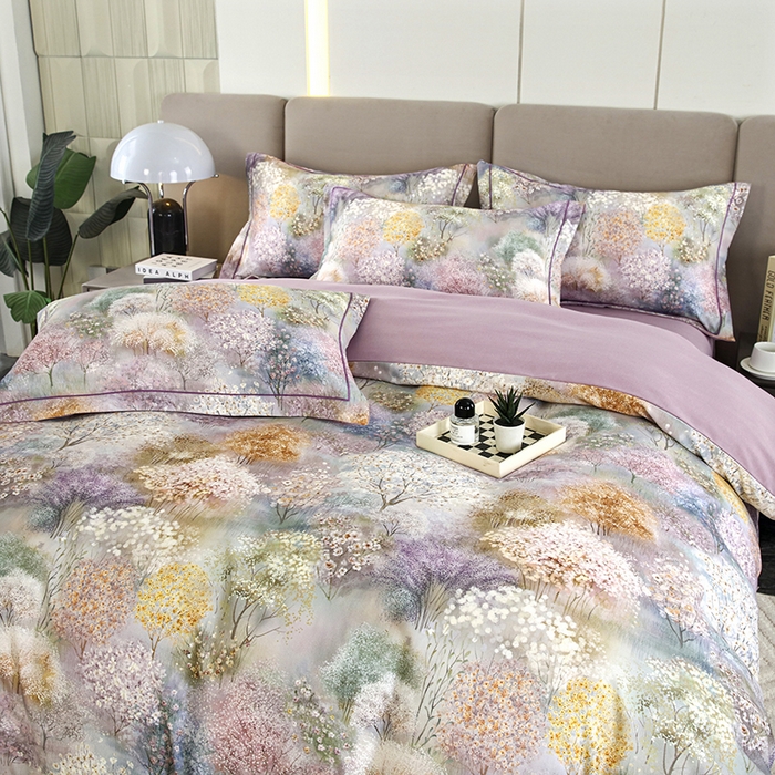 91家纺网 家纺一手货源 找家纺 金纱玉纺 2025数码印花加厚四件套 琼林玉树-紫