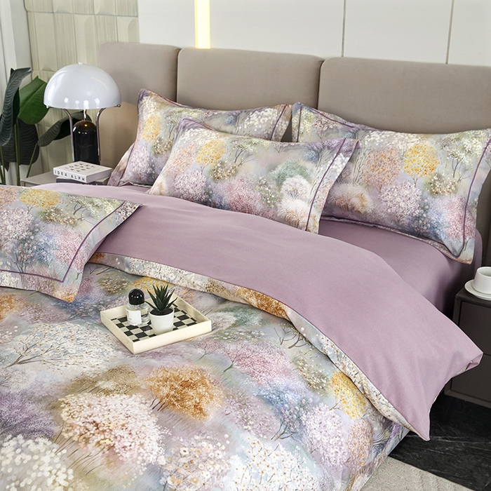 91家纺网 家纺一手货源 找家纺 金纱玉纺 2025数码印花加厚四件套 琼林玉树-紫