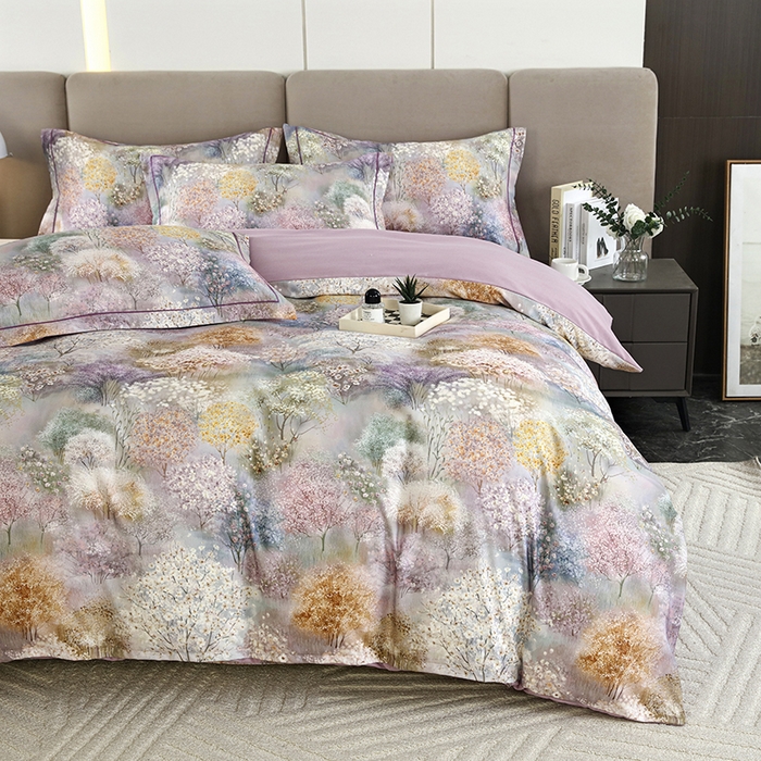 91家纺网 家纺一手货源 找家纺 金纱玉纺 2025数码印花加厚四件套 琼林玉树-紫