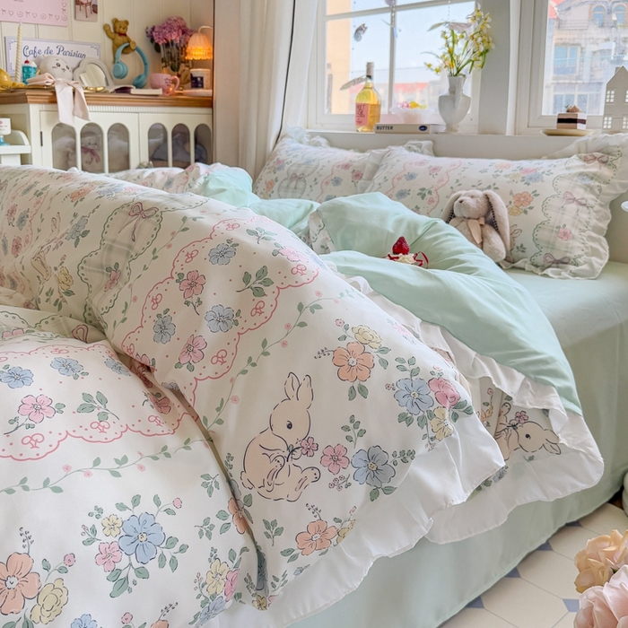 91家纺网 家纺一手货源 找家纺 慕澄家纺 2025新款小清新花边款水洗棉四件套-第二波 花边款-花丛兔