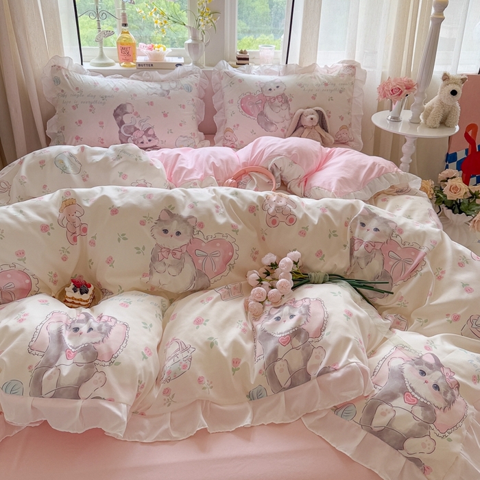 91家纺网 家纺一手货源 找家纺 慕澄家纺 2025新款小清新花边款水洗棉四件套-第二波 花边款-爱心花朵猫