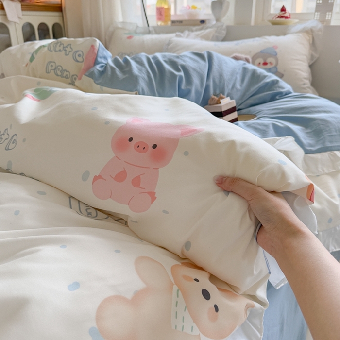 91家纺网 家纺一手货源 找家纺 慕澄家纺 2025新款小清新花边款水洗棉四件套-第二波 花边款-宠宠企鹅