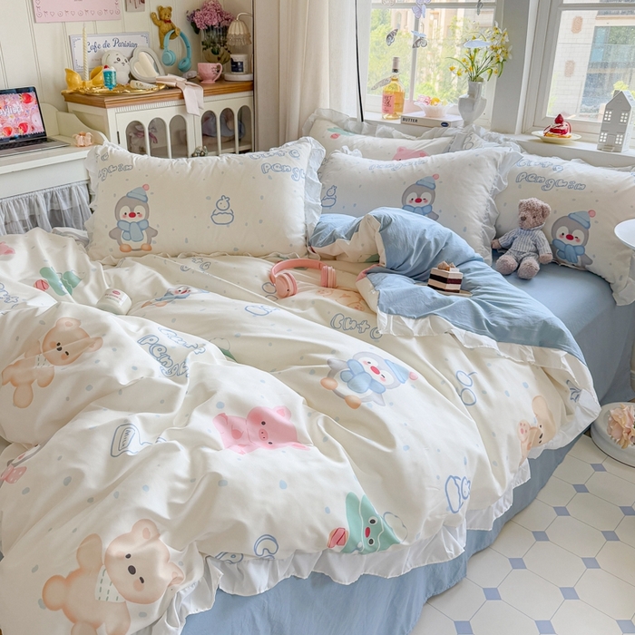 91家纺网 家纺一手货源 找家纺 慕澄家纺 2025新款小清新花边款水洗棉四件套-第二波 花边款-宠宠企鹅