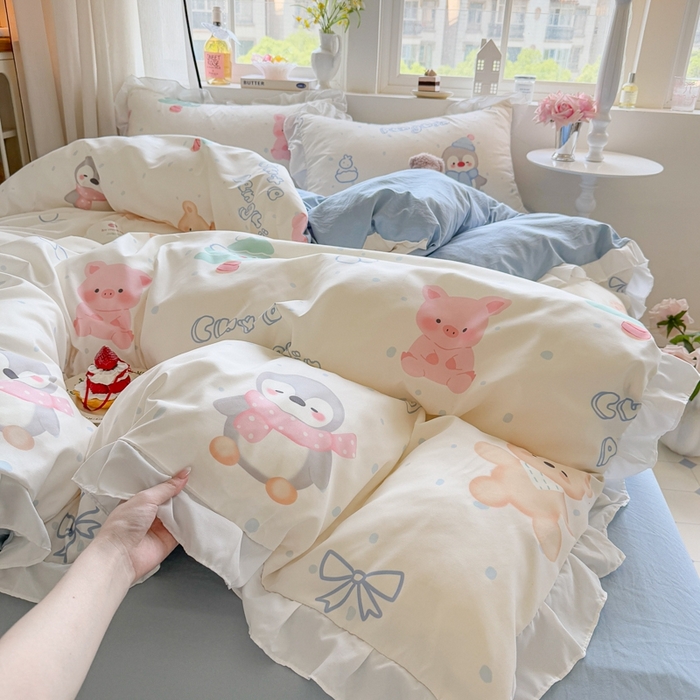 91家纺网 家纺一手货源 找家纺 慕澄家纺 2025新款小清新花边款水洗棉四件套-第二波 花边款-宠宠企鹅