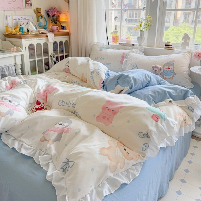 91家纺网 家纺一手货源 找家纺 慕澄家纺 2025新款小清新花边款水洗棉四件套-第二波 花边款-宠宠企鹅