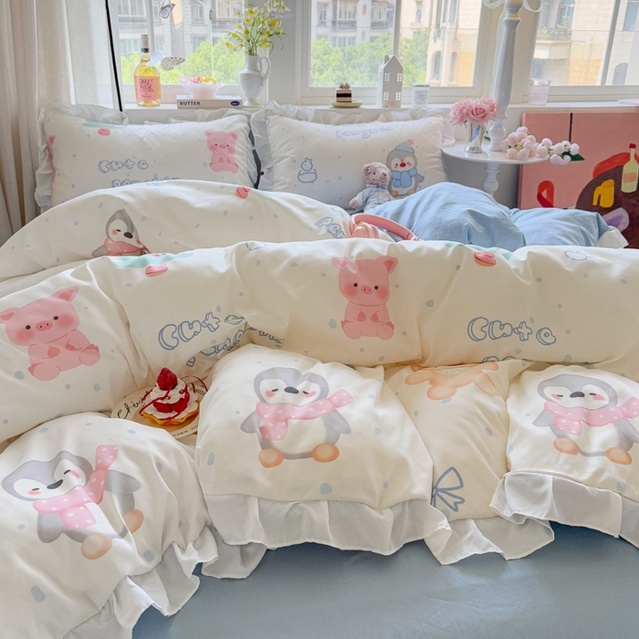 91家纺网 家纺一手货源 找家纺 慕澄家纺 2025新款小清新花边款水洗棉四件套-第二波 花边款-宠宠企鹅