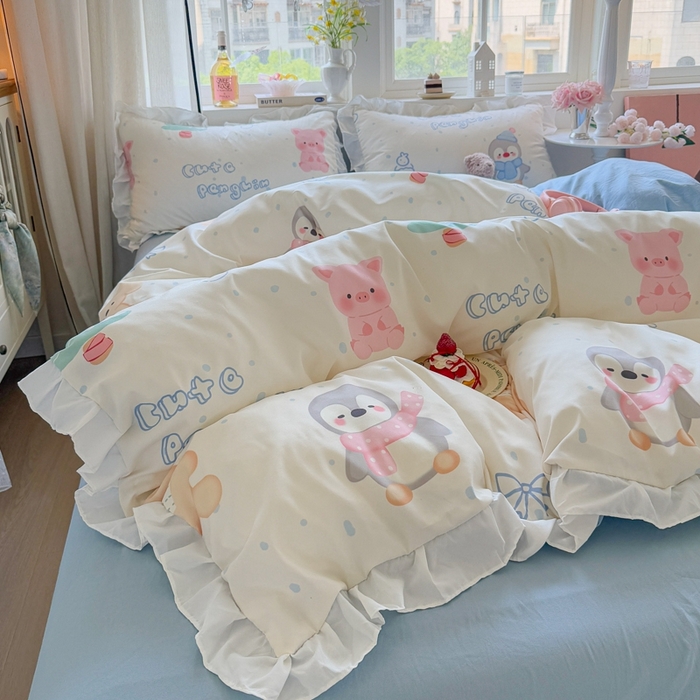 91家纺网 家纺一手货源 找家纺 慕澄家纺 2025新款小清新花边款水洗棉四件套-第二波 花边款-宠宠企鹅