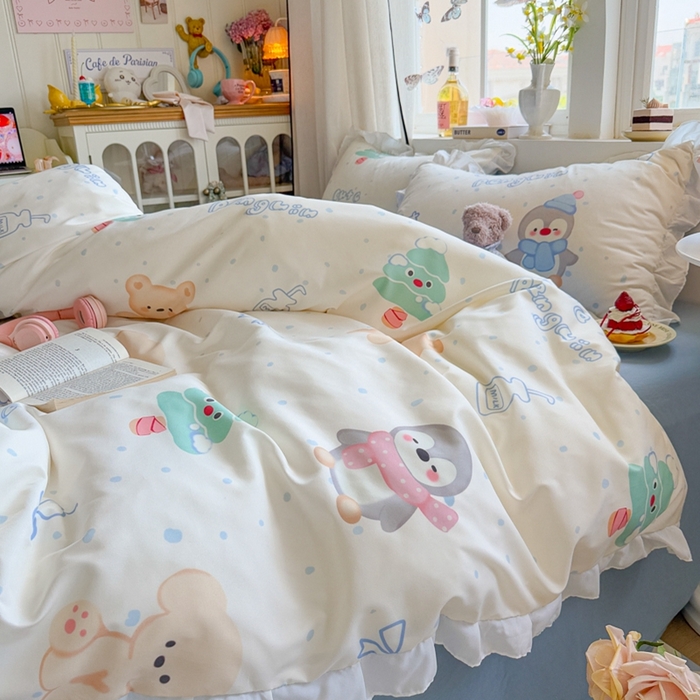 91家纺网 家纺一手货源 找家纺 慕澄家纺 2025新款小清新花边款水洗棉四件套-第二波 花边款-宠宠企鹅