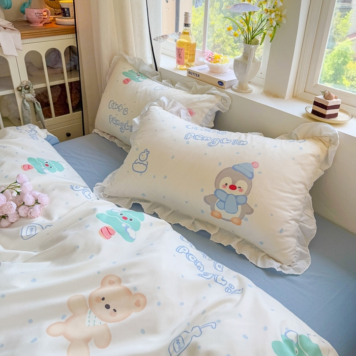 91家纺网 家纺一手货源 找家纺 慕澄家纺 2025新款小清新花边款水洗棉四件套-第二波 花边款-宠宠企鹅