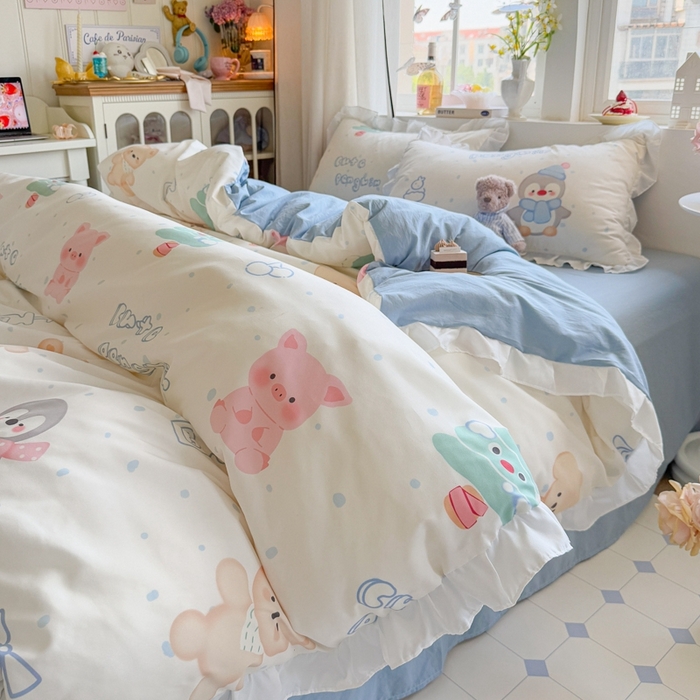 91家纺网 家纺一手货源 找家纺 慕澄家纺 2025新款小清新花边款水洗棉四件套-第二波 花边款-宠宠企鹅