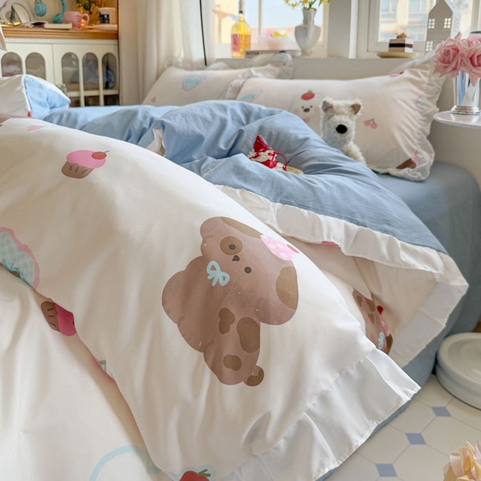 慕澄家纺 2025新款小清新花边款水洗棉四件套-第二波 花边款-蛋糕甜心犬