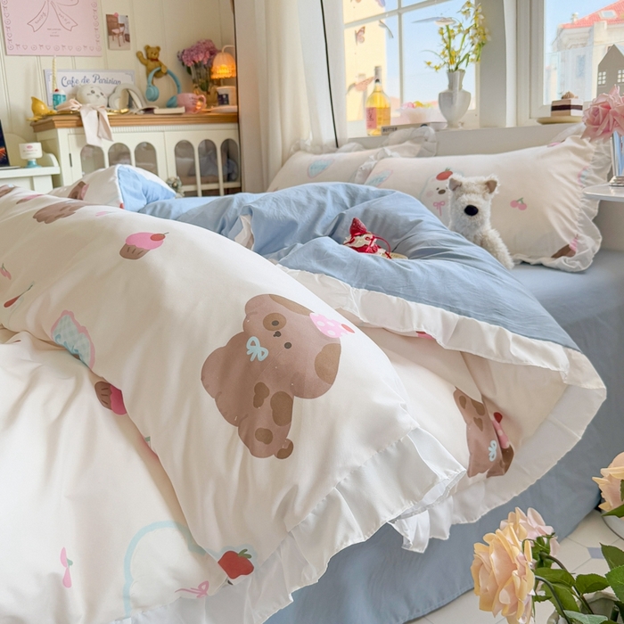 91家纺网 家纺一手货源 找家纺 慕澄家纺 2025新款小清新花边款水洗棉四件套-第二波 花边款-蛋糕甜心犬