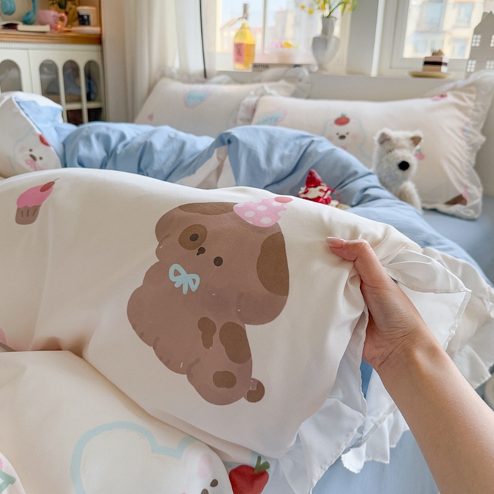 91家纺网 家纺一手货源 找家纺 慕澄家纺 2025新款小清新花边款水洗棉四件套-第二波 花边款-蛋糕甜心犬