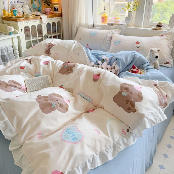 91家纺网 家纺一手货源 找家纺 慕澄家纺 2025新款小清新花边款水洗棉四件套-第二波 花边款-蛋糕甜心犬