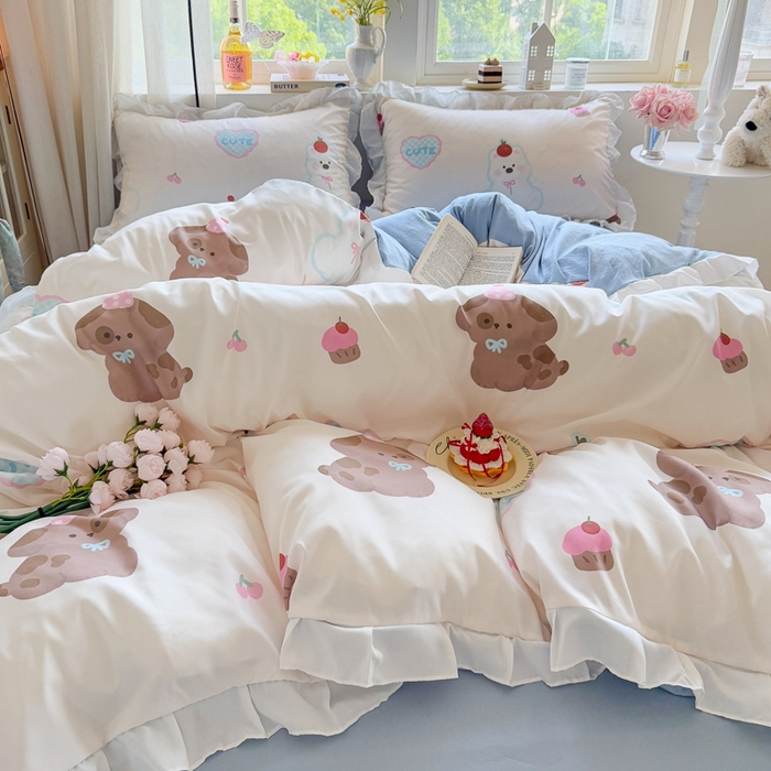 91家纺网 家纺一手货源 找家纺 慕澄家纺 2025新款小清新花边款水洗棉四件套-第二波 花边款-蛋糕甜心犬