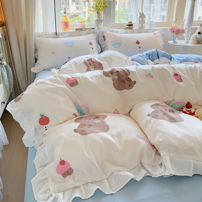 91家纺网 家纺一手货源 找家纺 慕澄家纺 2025新款小清新花边款水洗棉四件套-第二波 花边款-蛋糕甜心犬