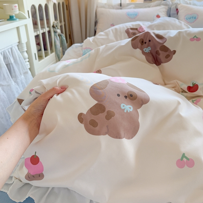 91家纺网 家纺一手货源 找家纺 慕澄家纺 2025新款小清新花边款水洗棉四件套-第二波 花边款-蛋糕甜心犬