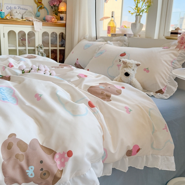 91家纺网 家纺一手货源 找家纺 慕澄家纺 2025新款小清新花边款水洗棉四件套-第二波 花边款-蛋糕甜心犬