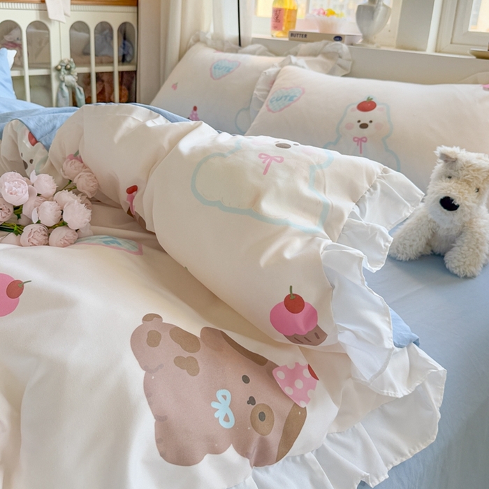 91家纺网 家纺一手货源 找家纺 慕澄家纺 2025新款小清新花边款水洗棉四件套-第二波 花边款-蛋糕甜心犬