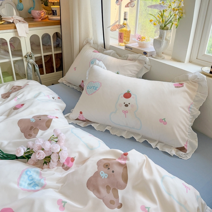 91家纺网 家纺一手货源 找家纺 慕澄家纺 2025新款小清新花边款水洗棉四件套-第二波 花边款-蛋糕甜心犬