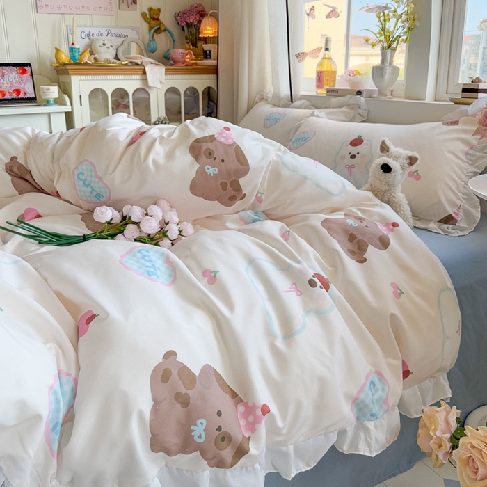 91家纺网 家纺一手货源 找家纺 慕澄家纺 2025新款小清新花边款水洗棉四件套-第二波 花边款-蛋糕甜心犬