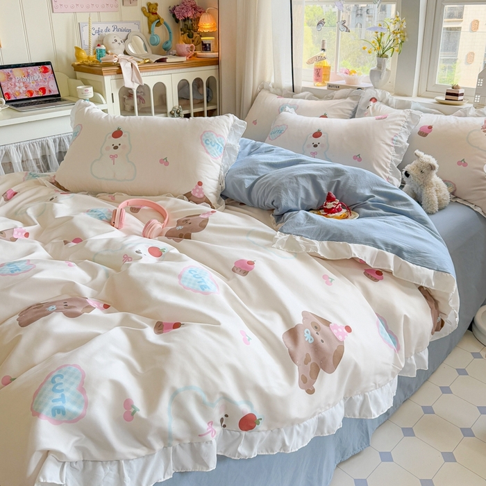 91家纺网 家纺一手货源 找家纺 慕澄家纺 2025新款小清新花边款水洗棉四件套-第二波 花边款-蛋糕甜心犬