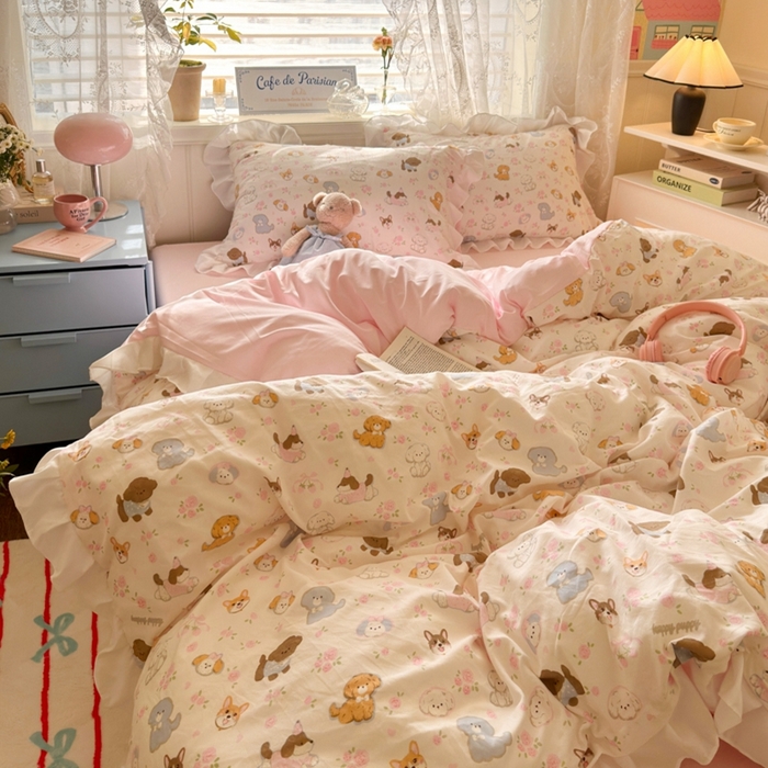 91家纺网 家纺一手货源 找家纺 慕澄家纺 2025新款小清新花边款水洗棉四件套-第二波 花边款-狗狗派对