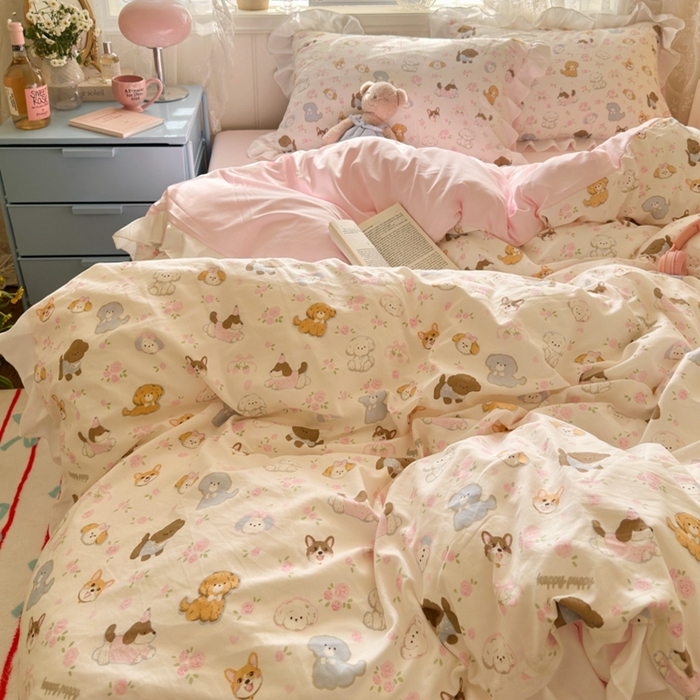 91家纺网 家纺一手货源 找家纺 慕澄家纺 2025新款小清新花边款水洗棉四件套-第二波 花边款-狗狗派对