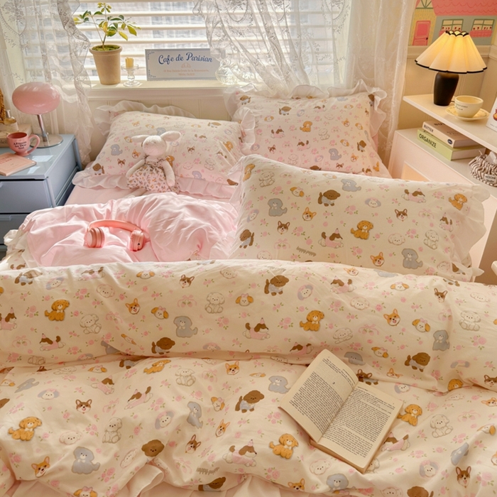 91家纺网 家纺一手货源 找家纺 慕澄家纺 2025新款小清新花边款水洗棉四件套-第二波 花边款-狗狗派对