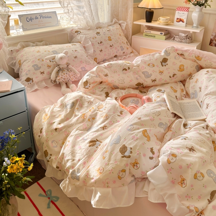 91家纺网 家纺一手货源 找家纺 慕澄家纺 2025新款小清新花边款水洗棉四件套-第二波 花边款-狗狗派对