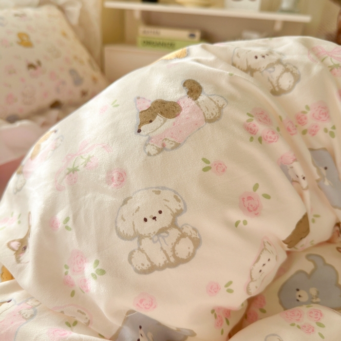 91家纺网 家纺一手货源 找家纺 慕澄家纺 2025新款小清新花边款水洗棉四件套-第二波 花边款-狗狗派对